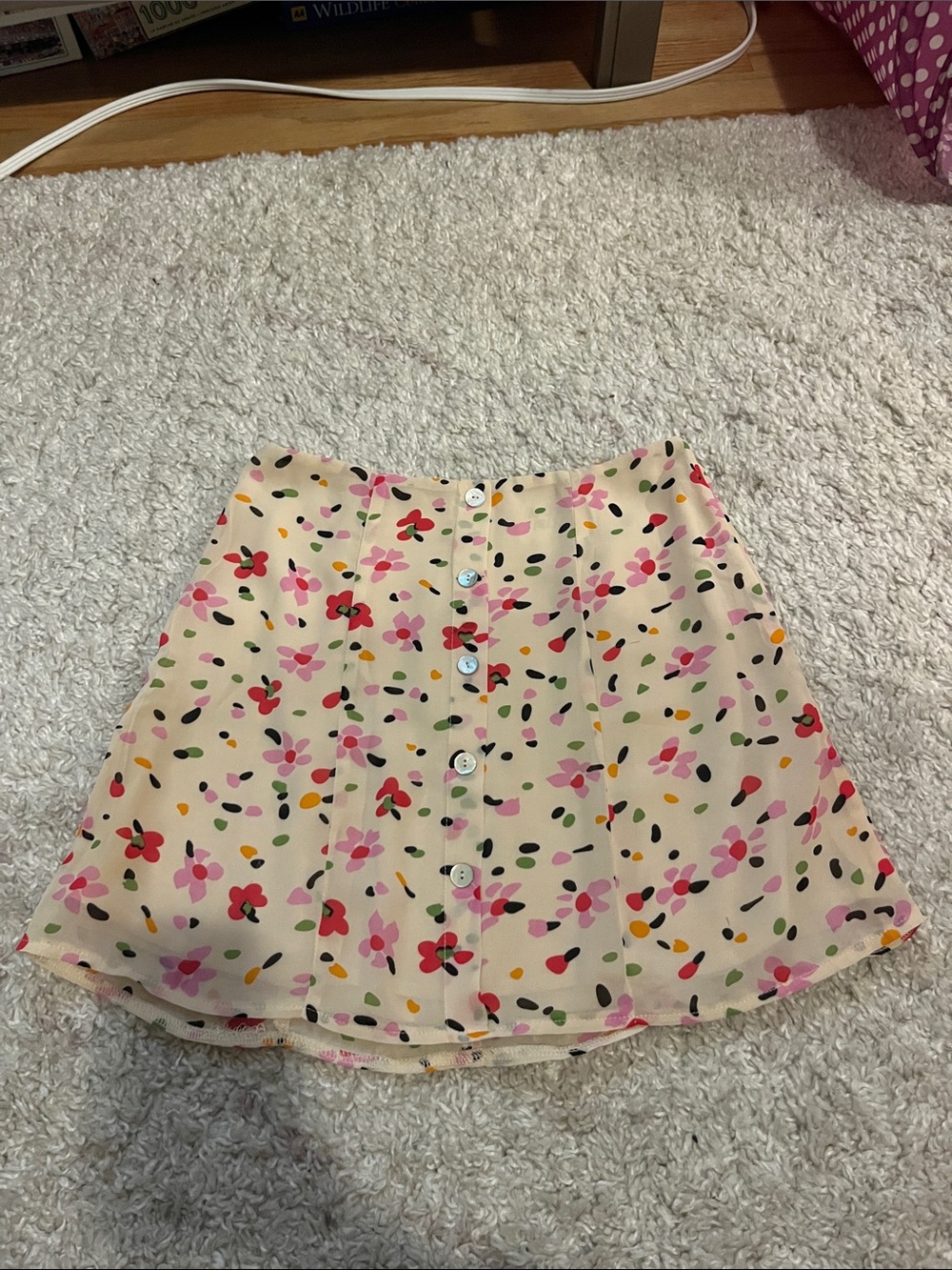 Floral Button-Front Cream Mini Skirt